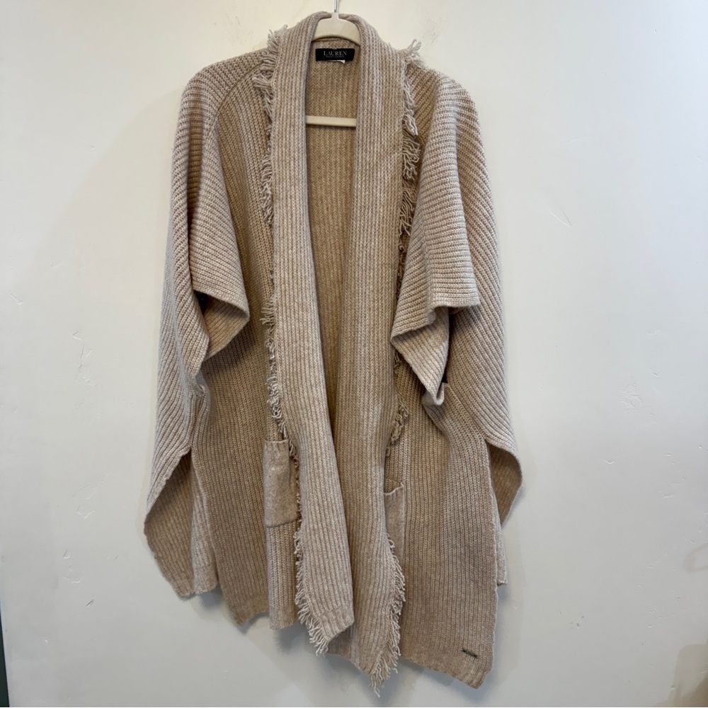 RALPH LAUREN | long fringe cardigan cream knit